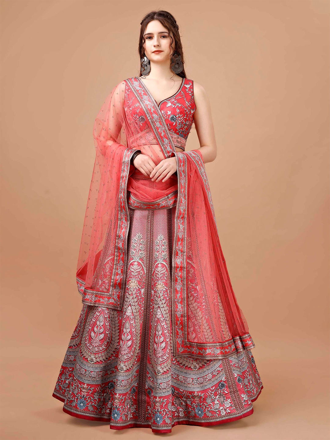 

SAPTRANGI Printed Ready to Wear Lehenga & Blouse With Dupatta, Pink