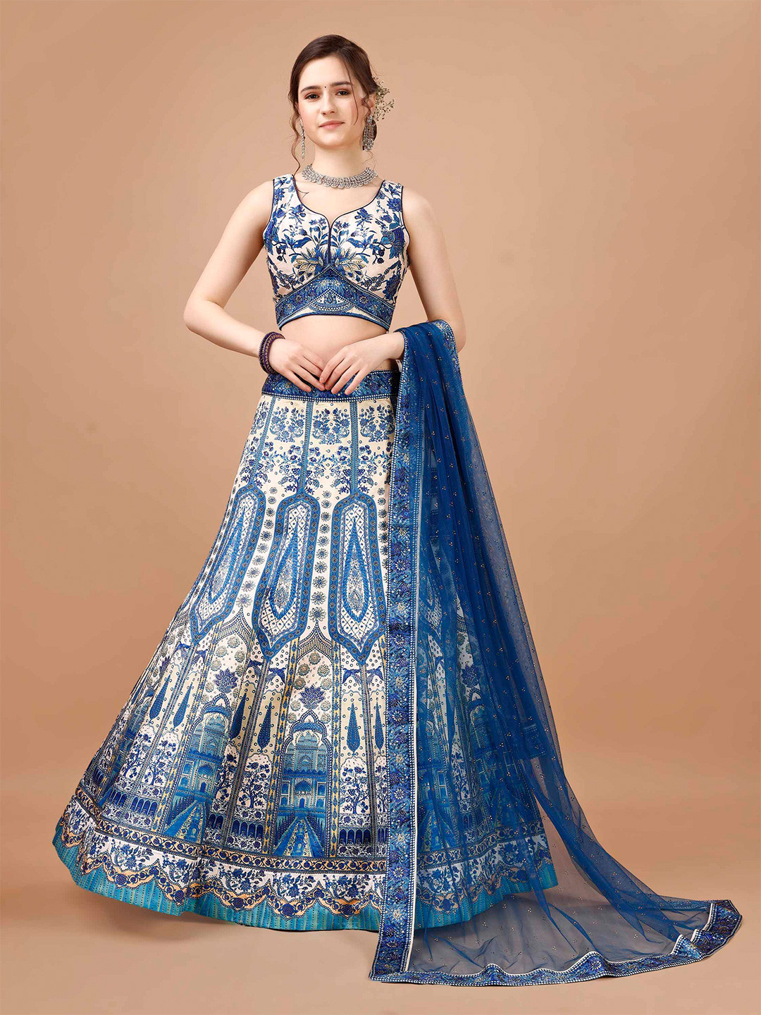 

SAPTRANGI Printed Ready to Wear Lehenga & Blouse With Dupatta, Blue