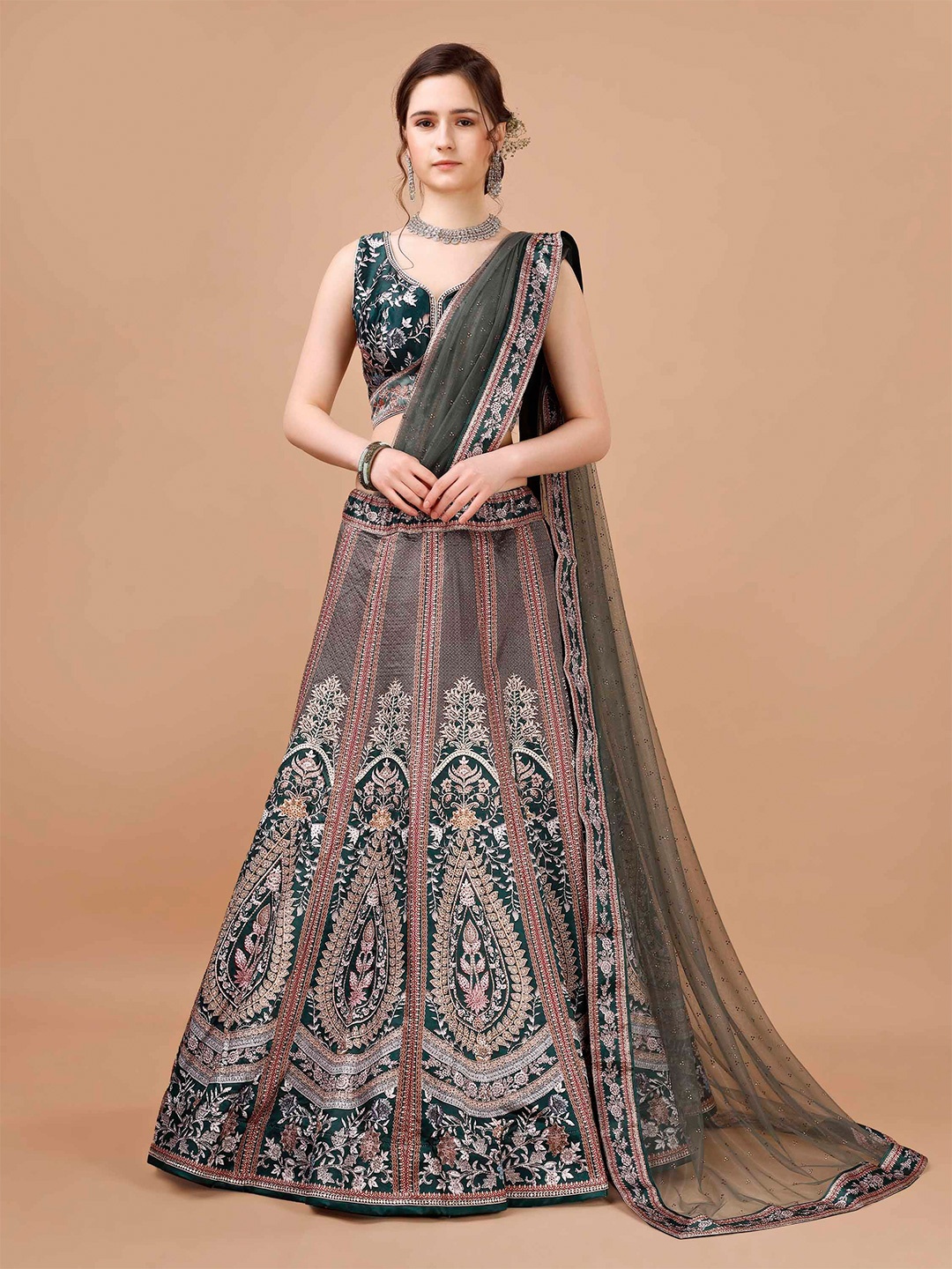 

SAPTRANGI Embroidered Beads and Stones Ready to Wear Lehenga & Blouse With Dupatta, Grey