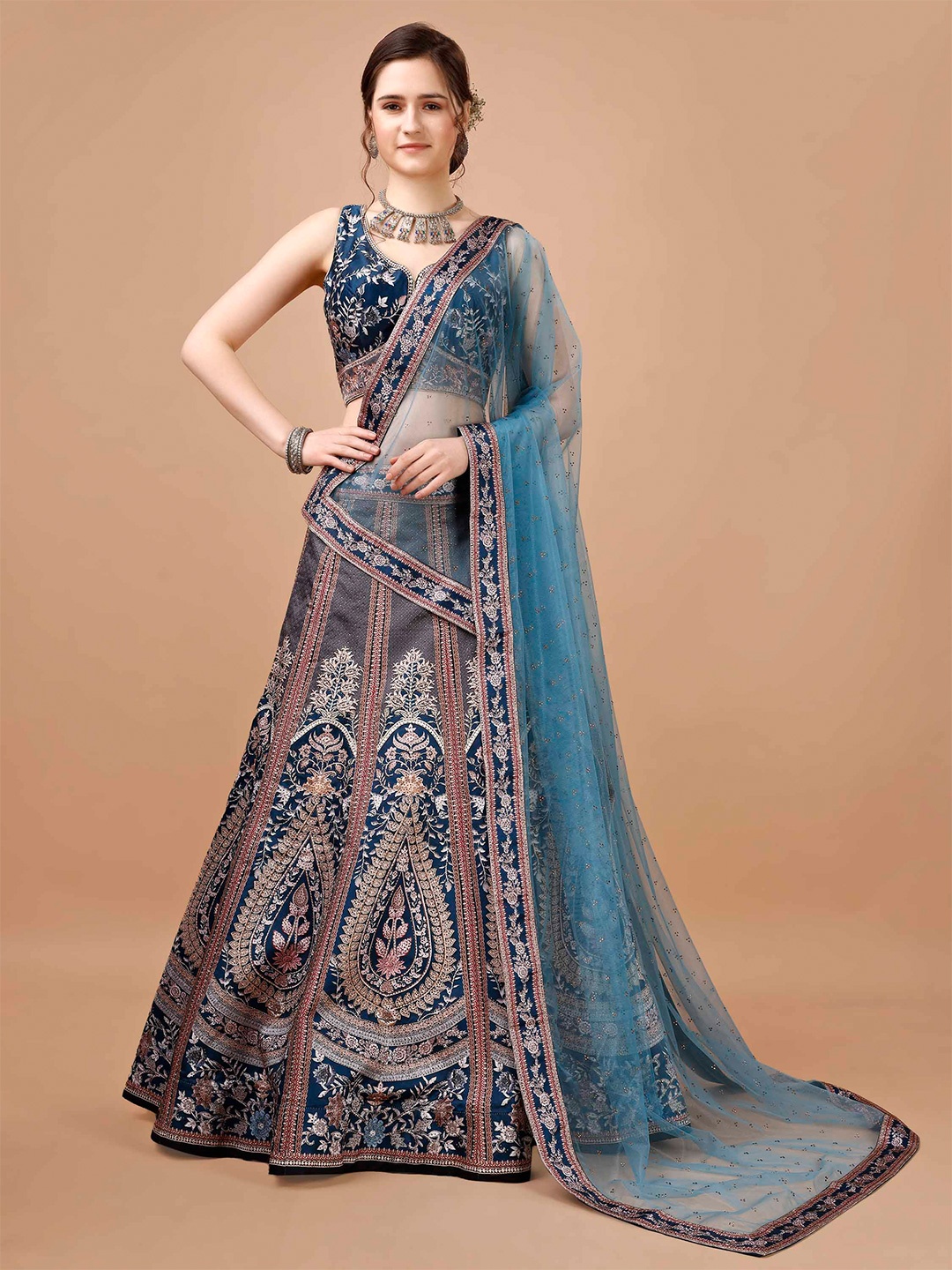 

SAPTRANGI Embroidered Beads and Stones Ready to Wear Lehenga & Blouse With Dupatta, Blue