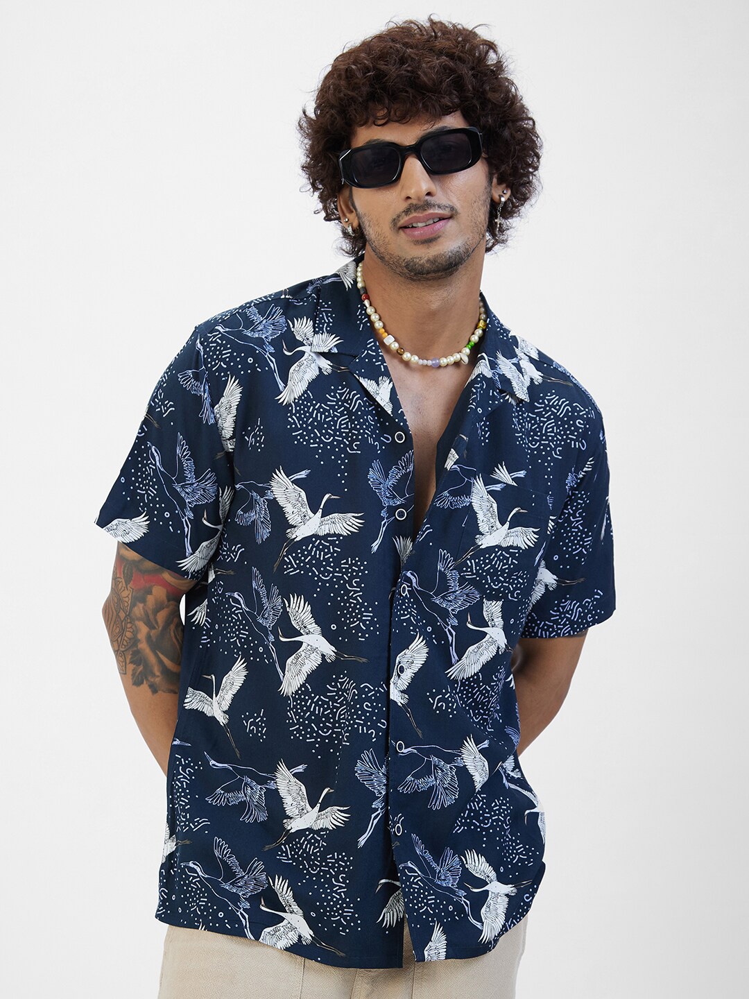 

VASTRADO Classic Short Sleeves Floral Opaque Printed Casual Shirt, Navy blue