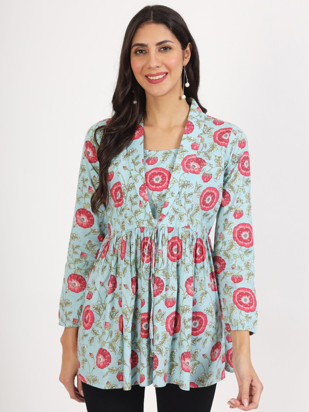 

KALINI Floral Printed V-Neck Gathered Cotton A-Line Top, Turquoise blue