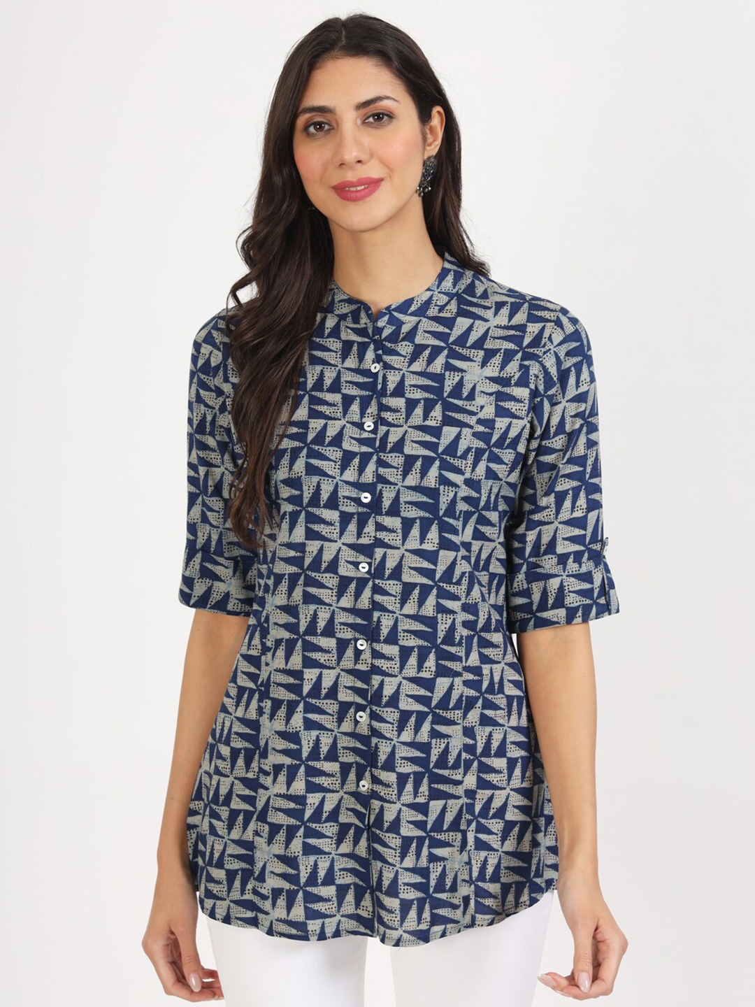 

KALINI Geometric Printed Mandarin Collar Roll-Up Sleeves Shirt Style Top, Blue