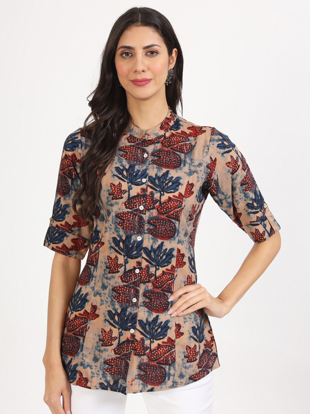 

KALINI Floral Printed Mandarin Collar Roll-Up Sleeves Shirt Style Top, Beige