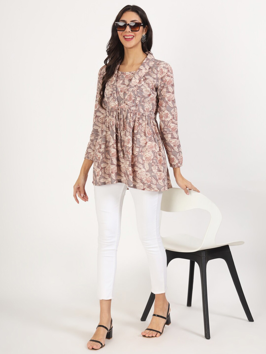 

KALINI Floral Printed V-Neck Cotton Tunic, Grey