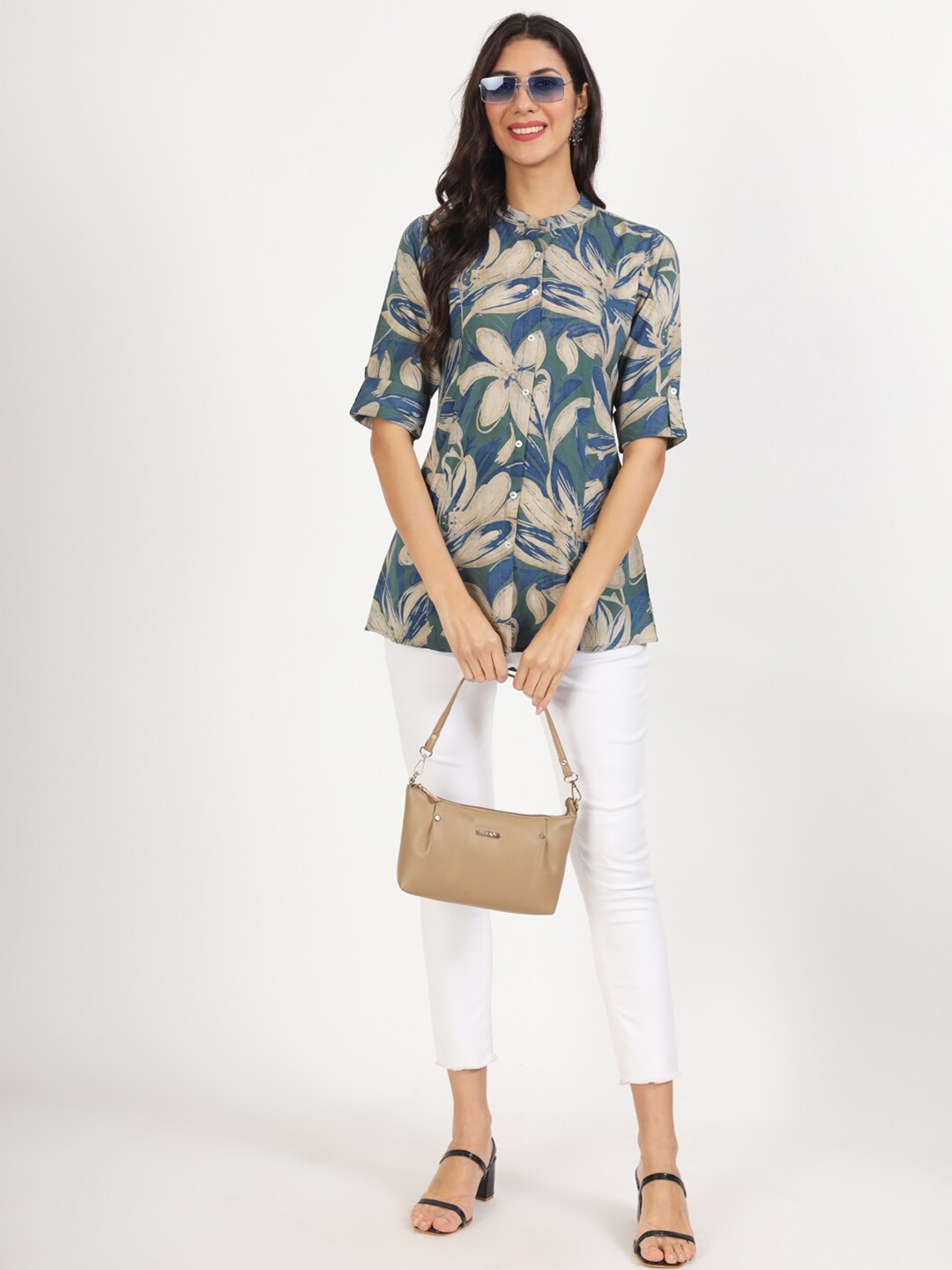 

KALINI Floral Printed Mandarin Collar Tunic, Green