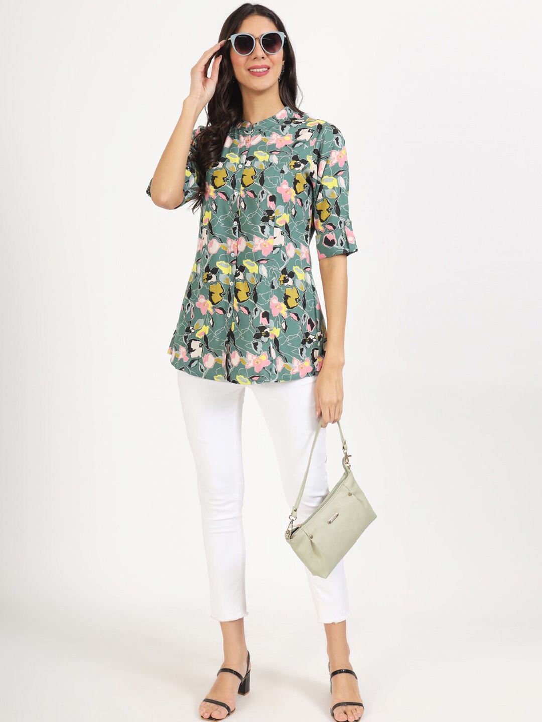 

KALINI Floral Printed Mandarin Collar Tunic, Green