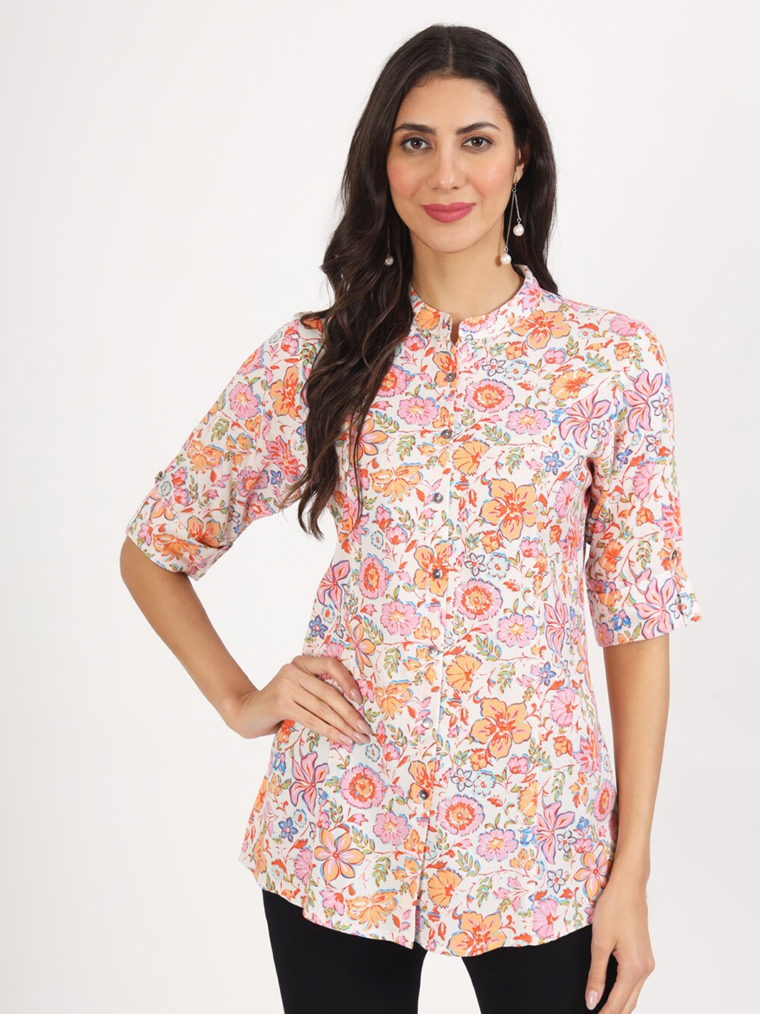 

KALINI Floral Printed Mandarin Collar Tunic, Pink
