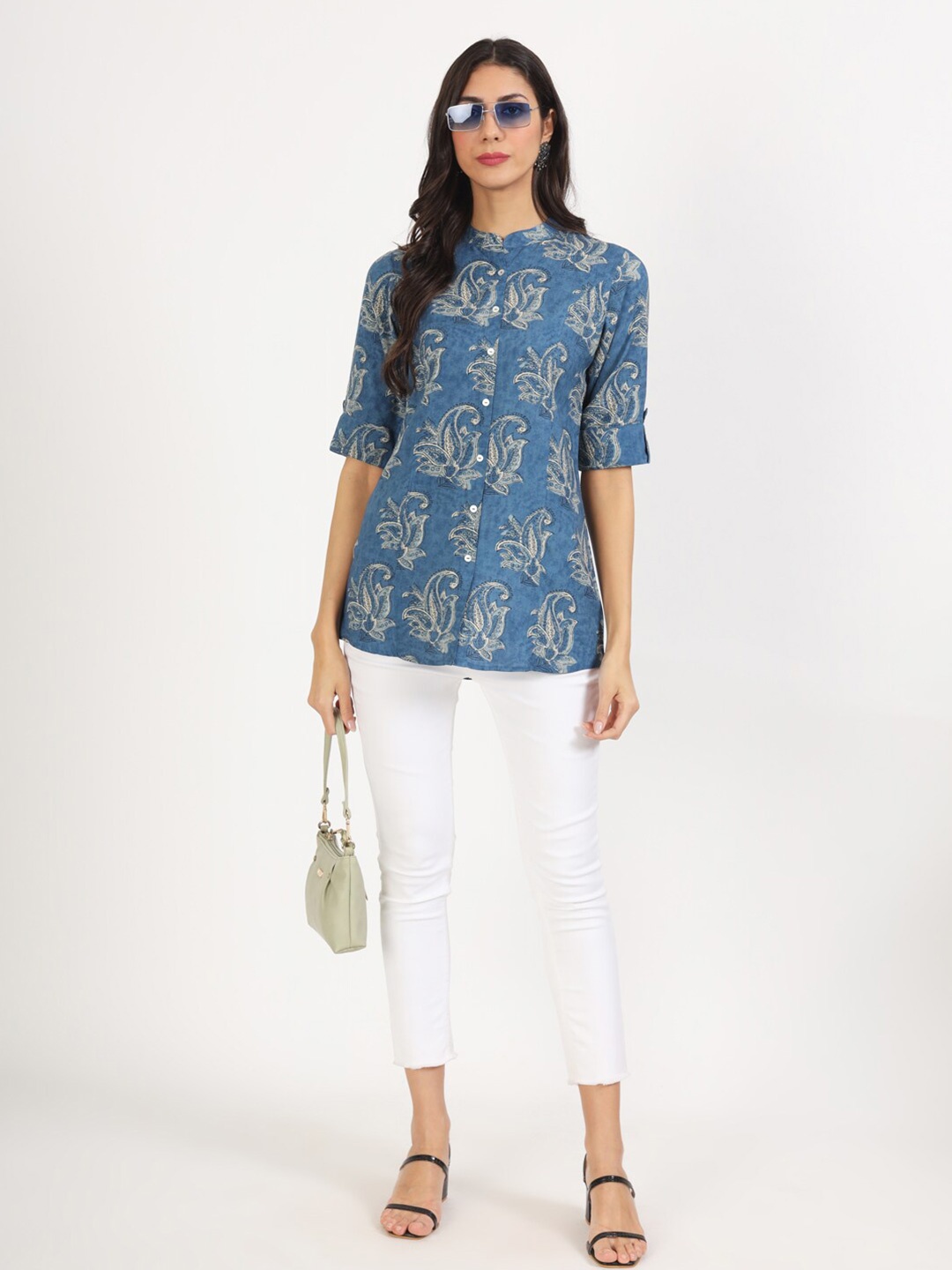 

KALINI Floral Printed Mandarin Collar Tunic, Blue