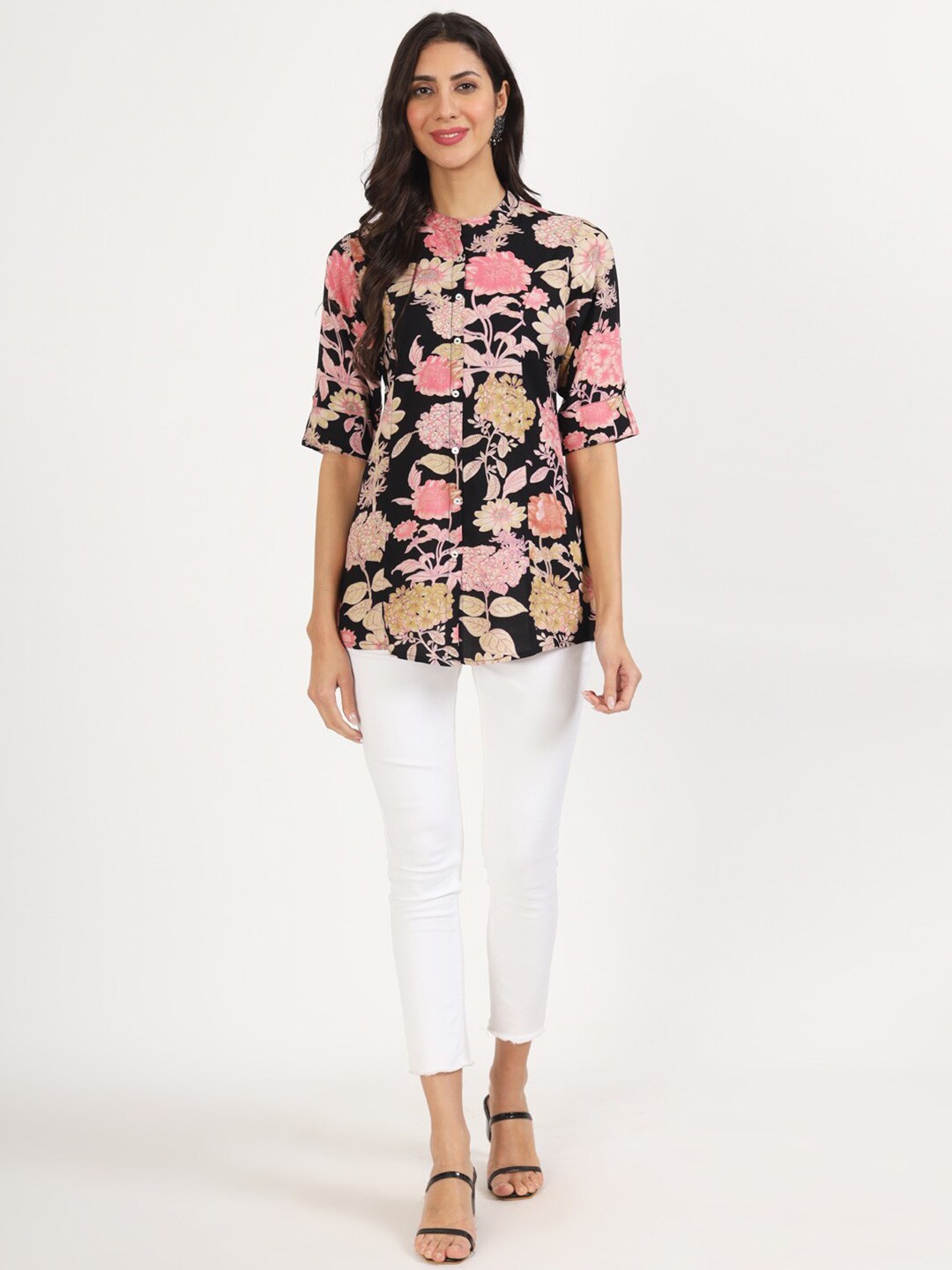 

KALINI Floral Printed Mandarin Collar Tunic, Black