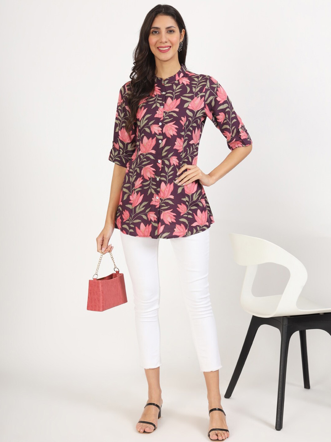 

KALINI Floral Printed Mandarin Collar Tunic, Purple