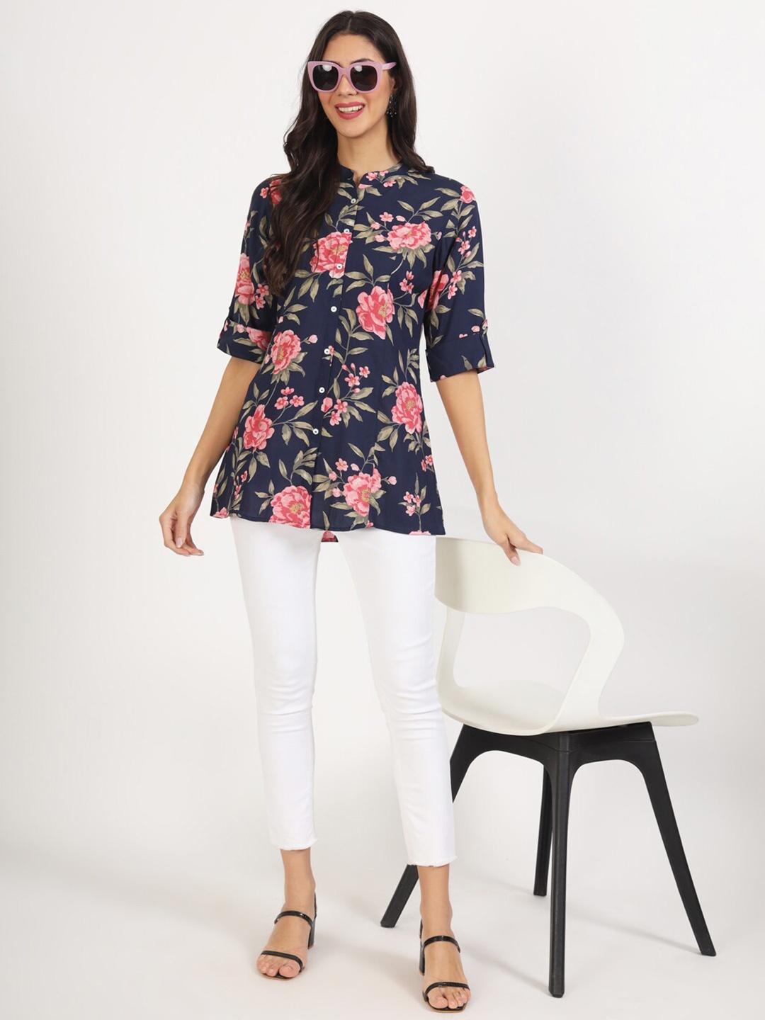 

KALINI Floral Printed Mandarin Collar Tunic, Navy blue