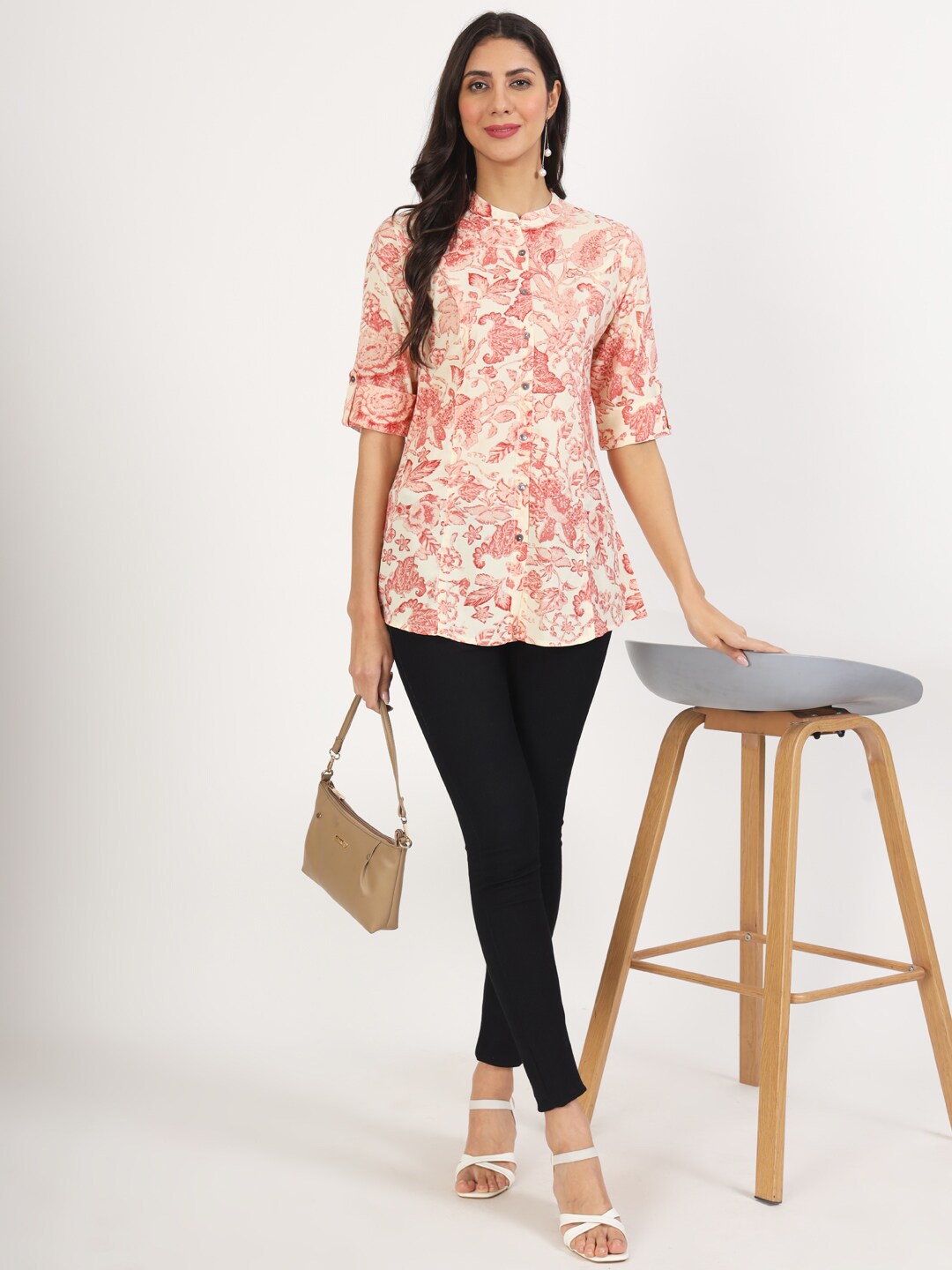 

KALINI Floral Print Band Collar Top, Cream