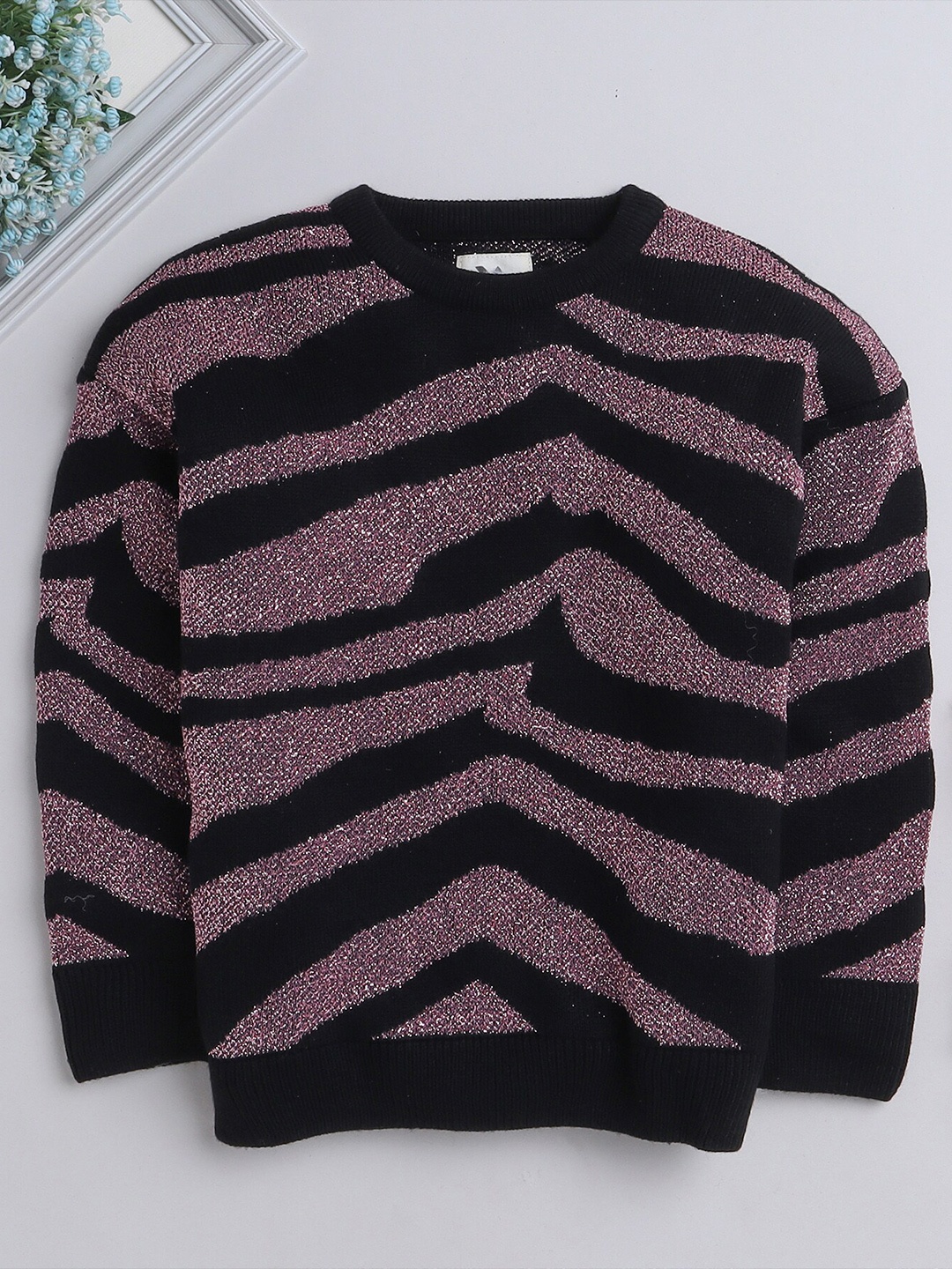 

Yellow Apple Girls Geometric Printed Woollen Pullover Sweaters, Black