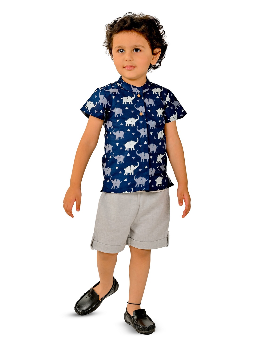 

Tiny Bunnies Boys Mandarin Collar Printed Shirt with Shorts, Blue