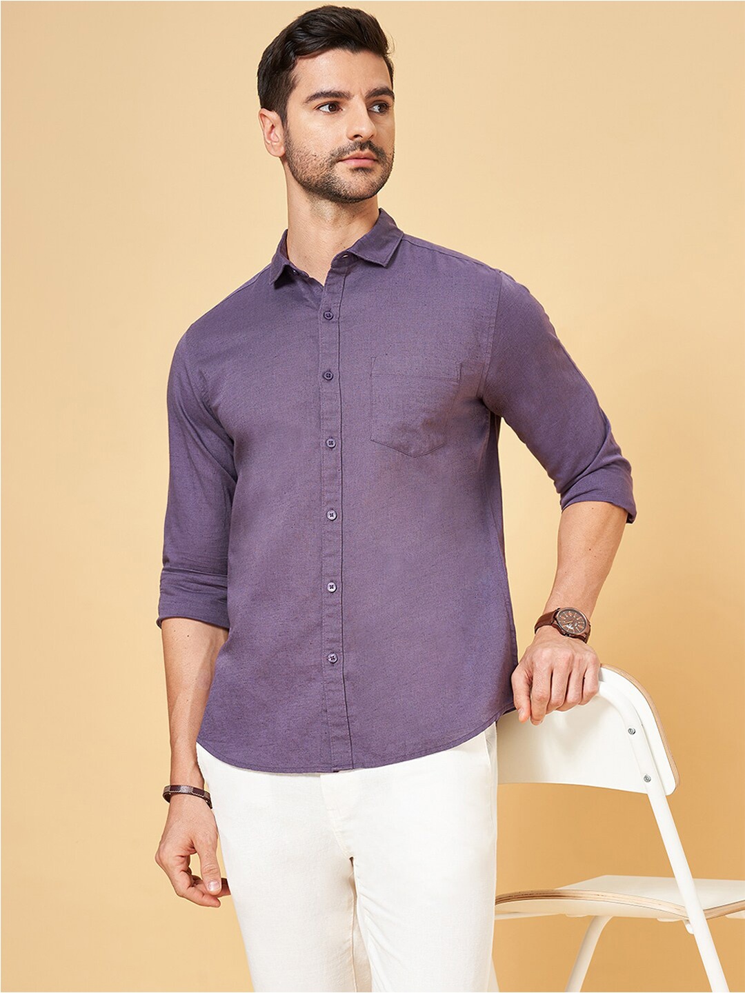 

BYFORD by Pantaloons Cotton Spread Collar Long Sleeves Opaque Casual Shirt, Purple