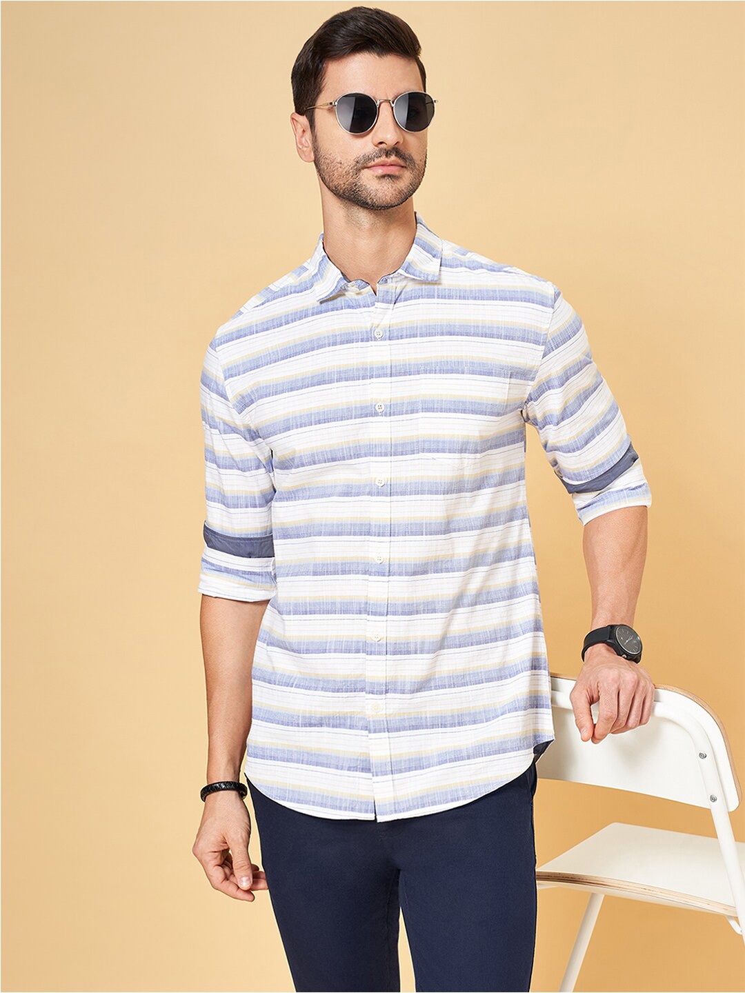 

BYFORD by Pantaloons Striped Cotton Spread Collar Slim Fit Opaque Casual Shirt, Blue