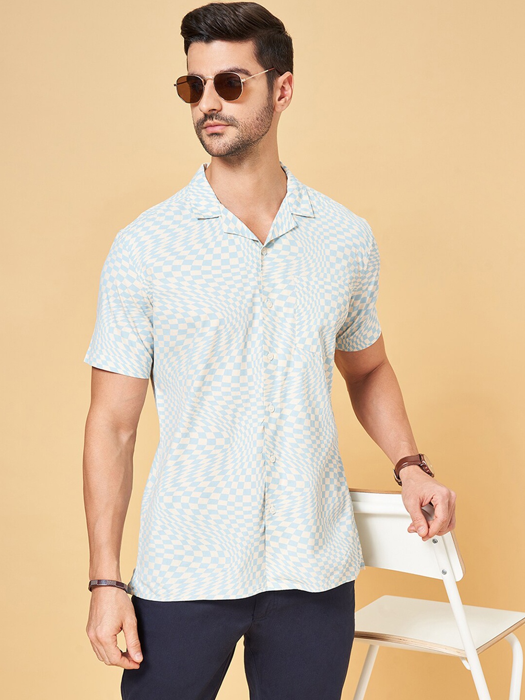 

BYFORD by Pantaloons Printed Cotton Spread Collar Short Sleeves Opaque Casual Shirt, Blue
