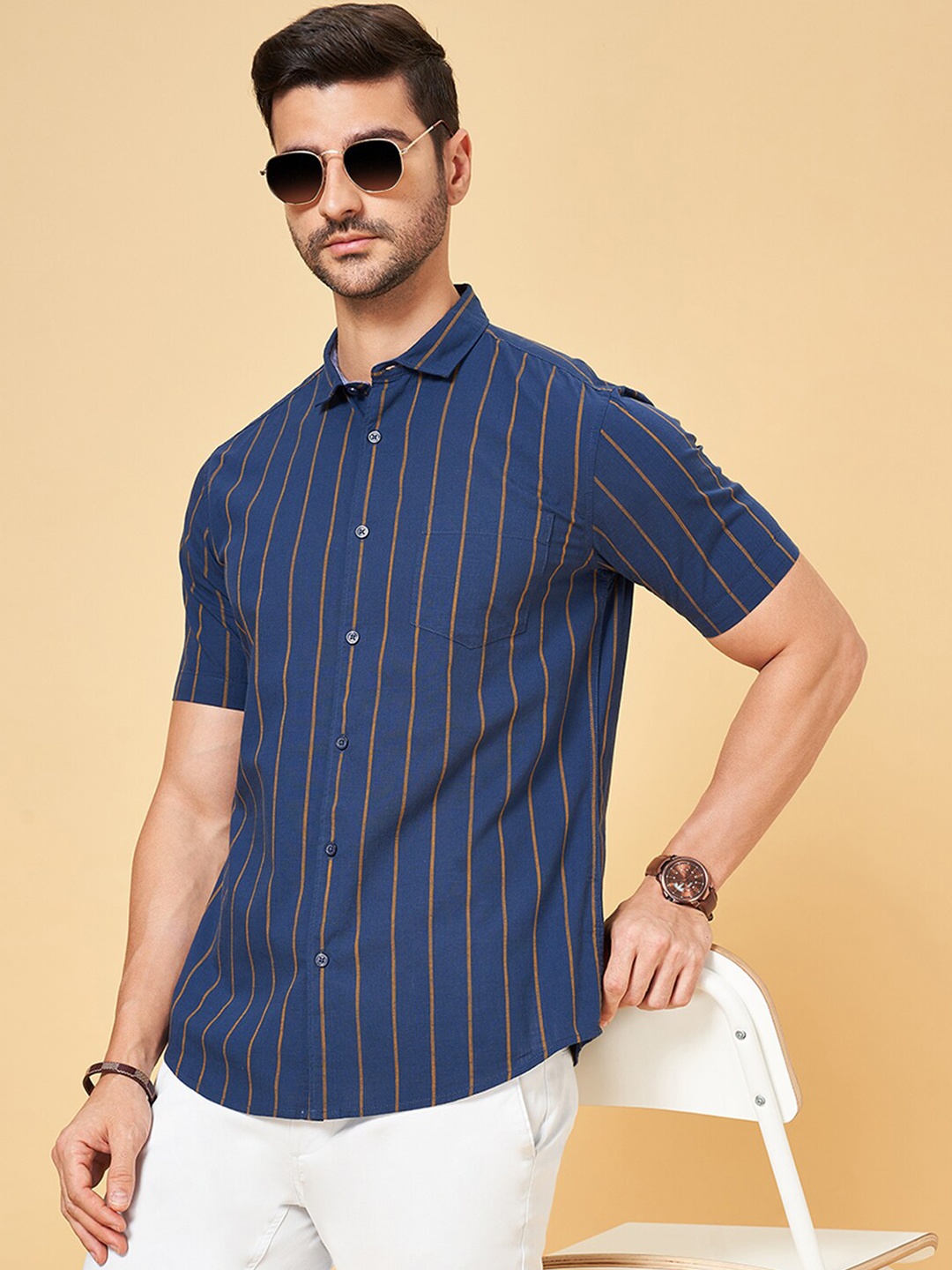 

BYFORD by Pantaloons Striped Spread Collar Short Sleeves Cotton Casual Shirt, Blue