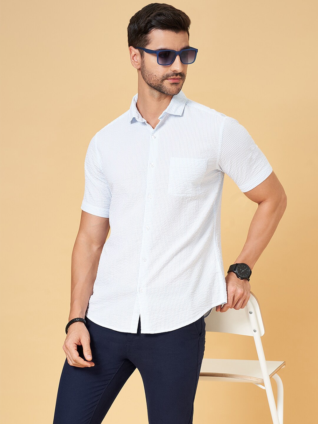 

BYFORD by Pantaloons Spread Collar Short Sleeves Cotton Casual Shirt, Blue
