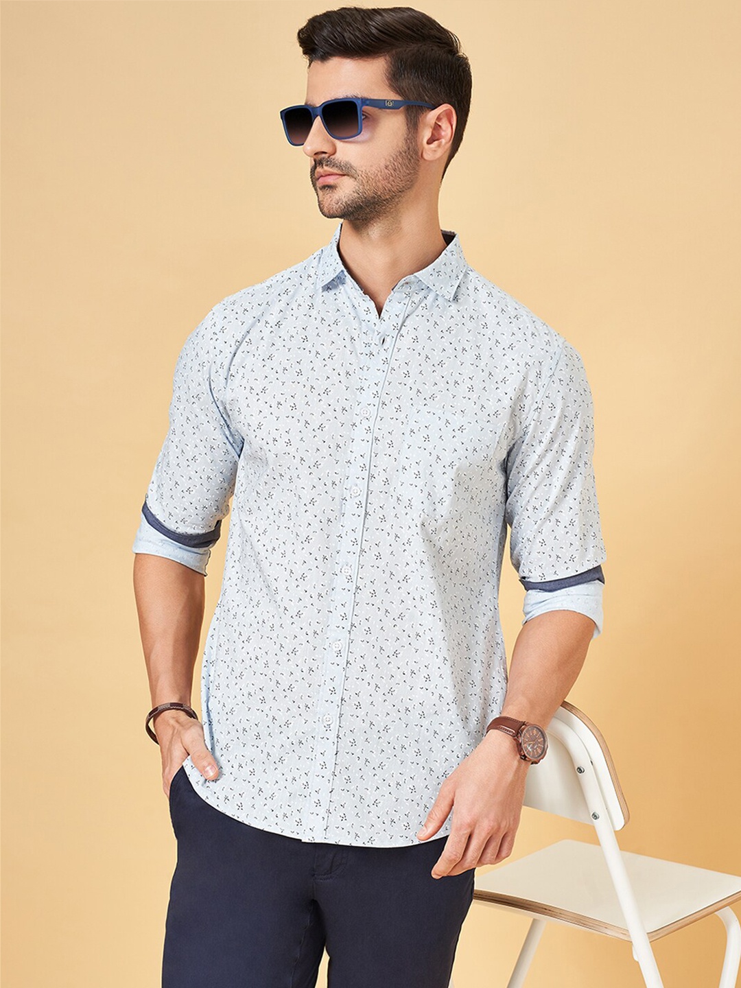 

BYFORD by Pantaloons Slim Fit Floral Printed Spread Collar Cotton Casual Shirt, Blue