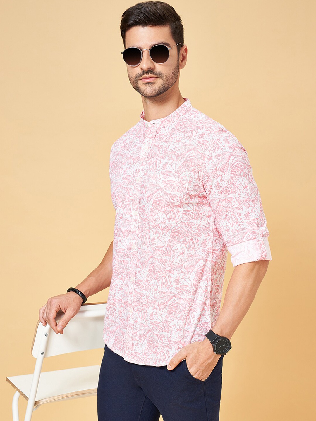 

BYFORD by Pantaloons Slim Fit Floral Printed Mandarin Collar Cotton Casual Shirt, Pink