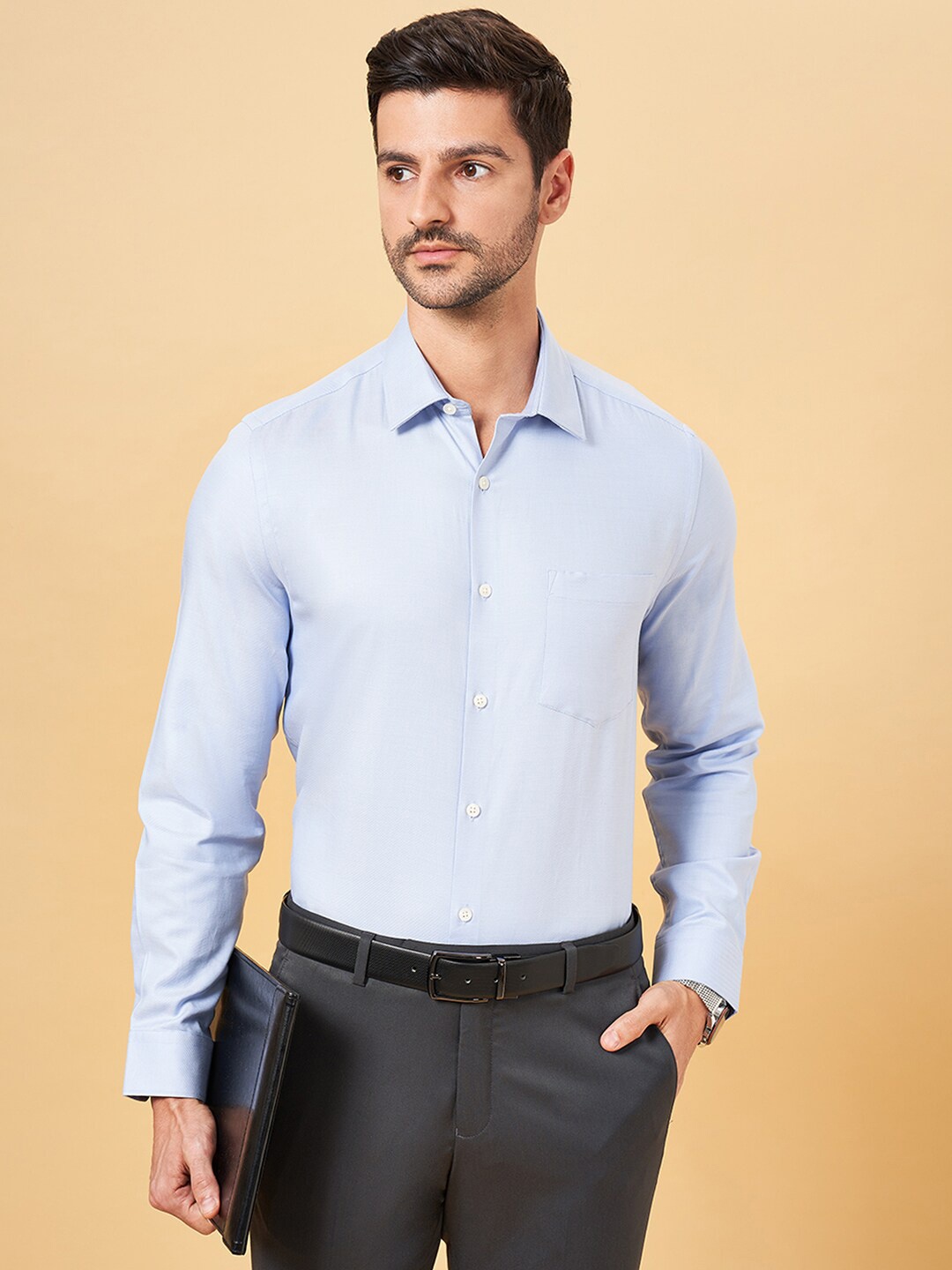 

Peregrine by Pantaloons Textured Self Design Opaque Cotton Formal Shirt, Blue