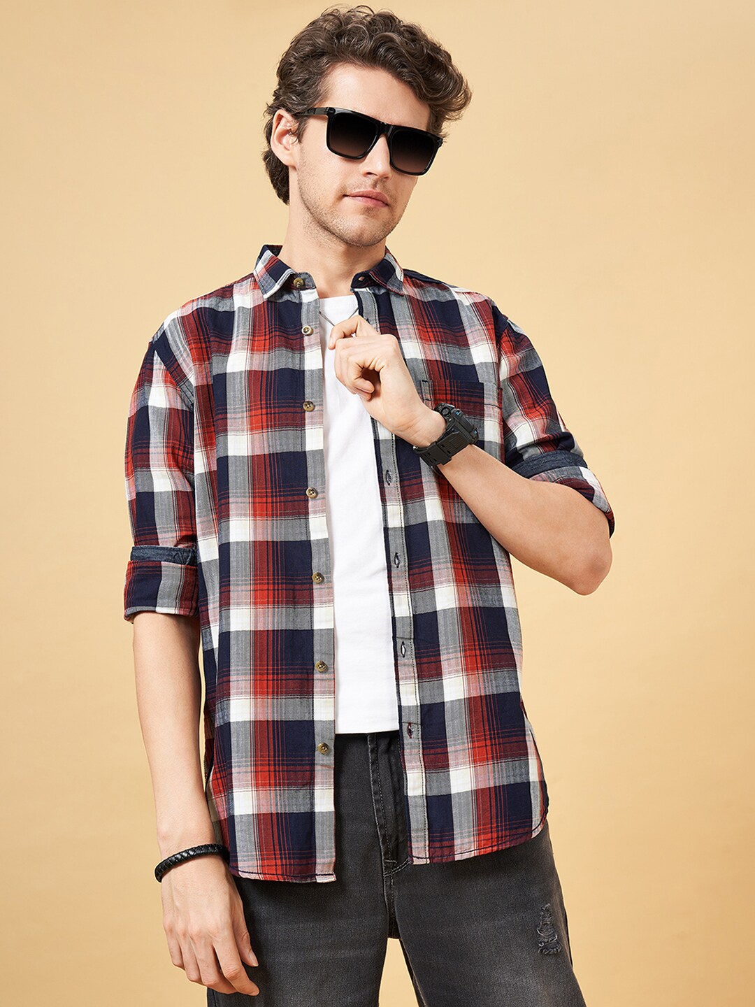 

SF JEANS by Pantaloons Slim Fit Opaque Tartan Checked Cotton Casual Shirt, Orange