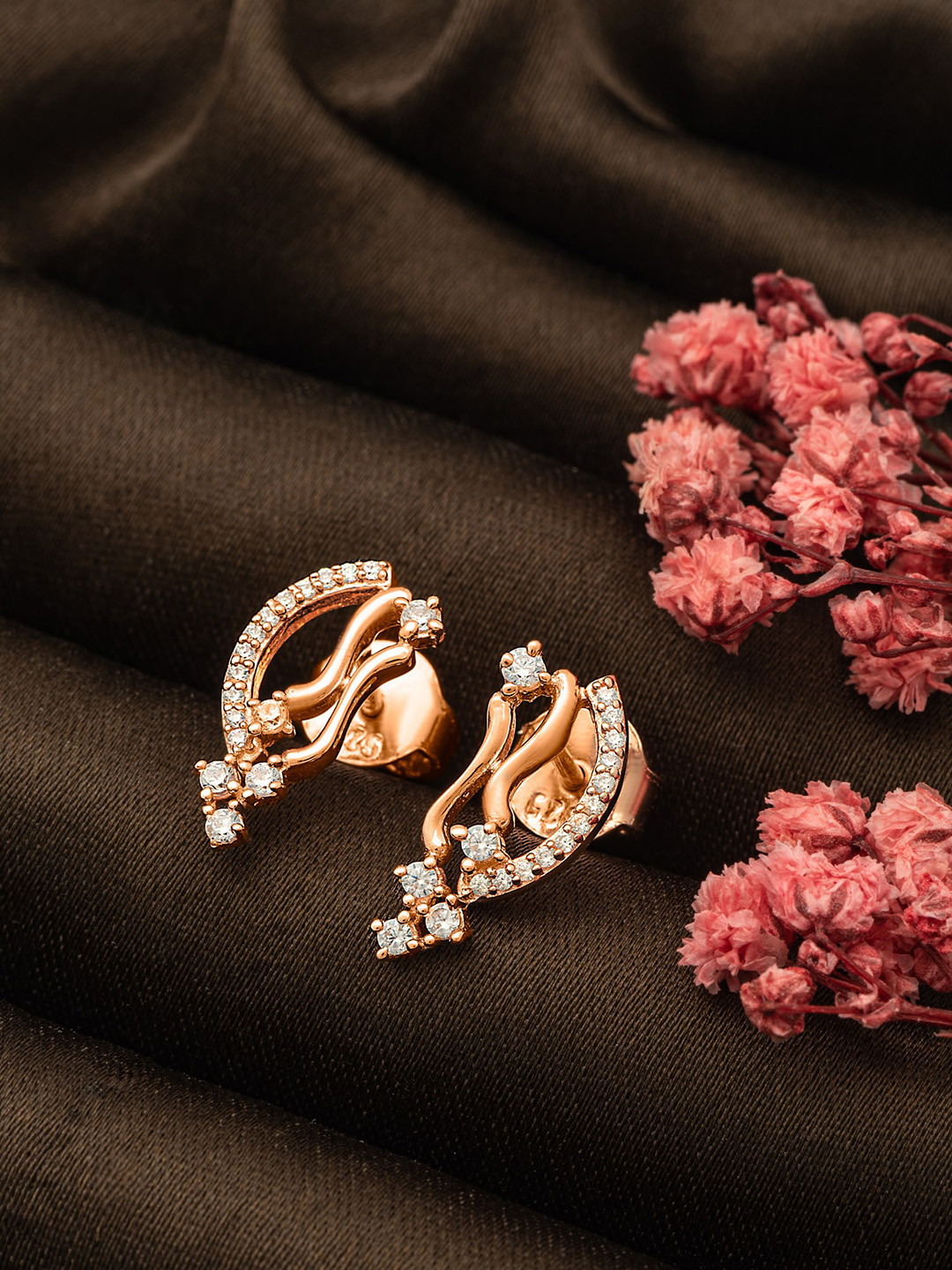 

SILBERRY 925 Sterling Silver Rose Gold-Plated Cubic Zirconia Studded Studs Earrings