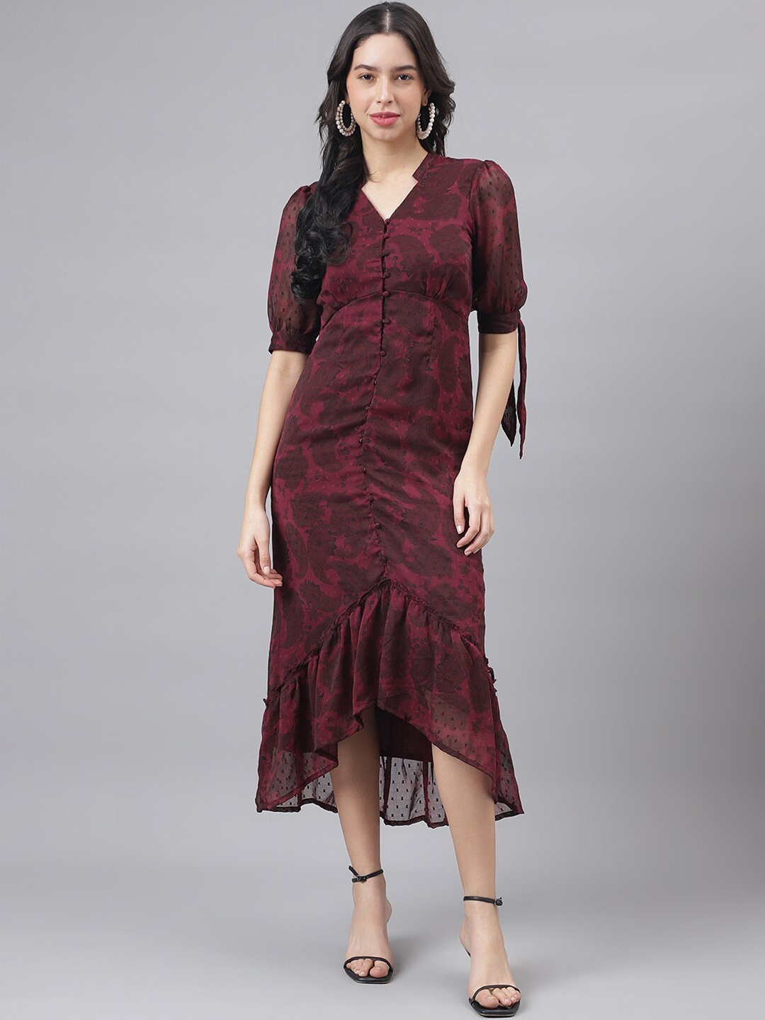 

Latin Quarters Ethnic Motifs Printed Puff Sleeve Ruched A-Line Midi Dress, Maroon