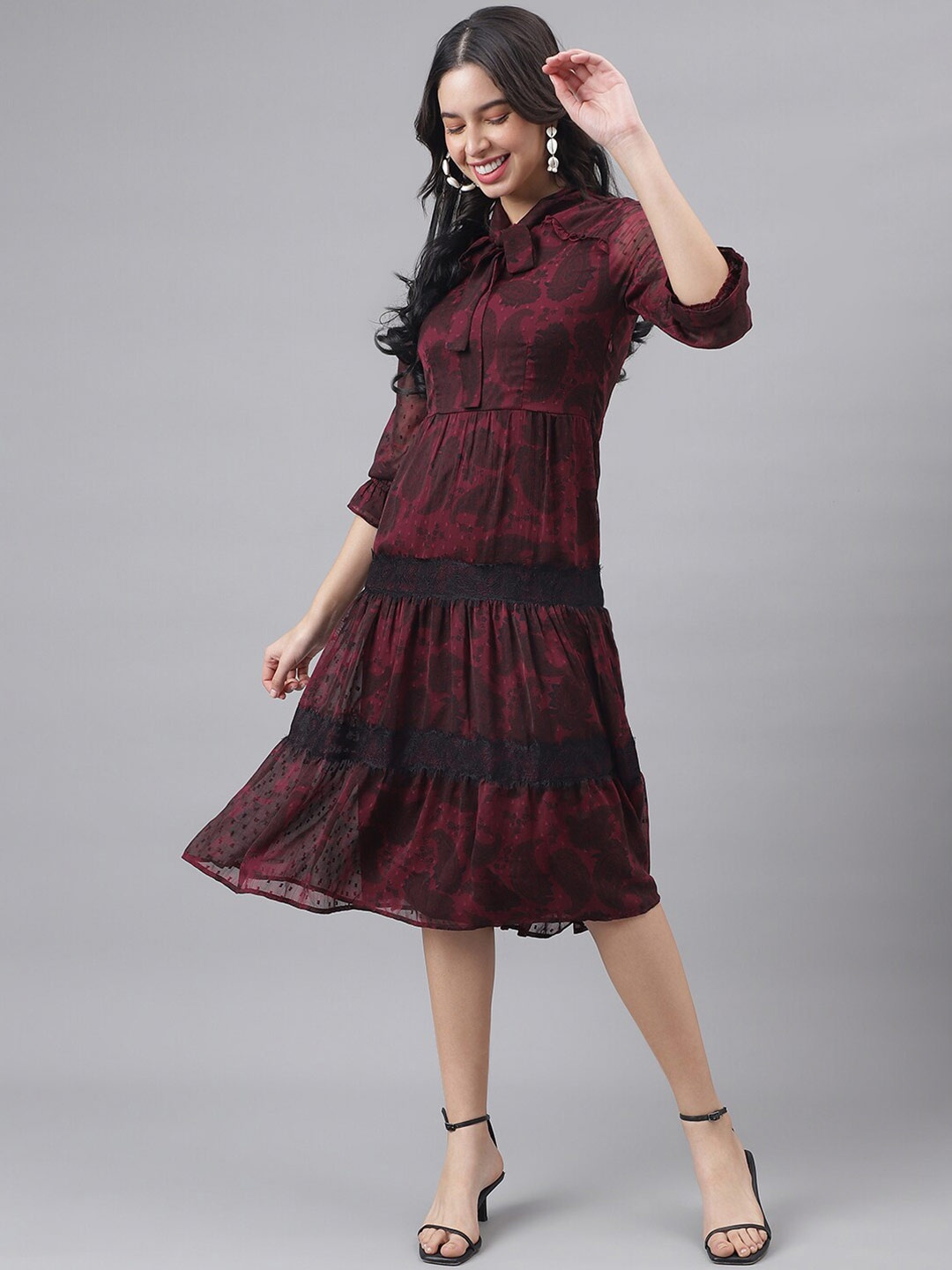 

Latin Quarters Ethnic Motifs Printed Bell Sleeve Tiered Fit & Flare Midi Dress, Maroon