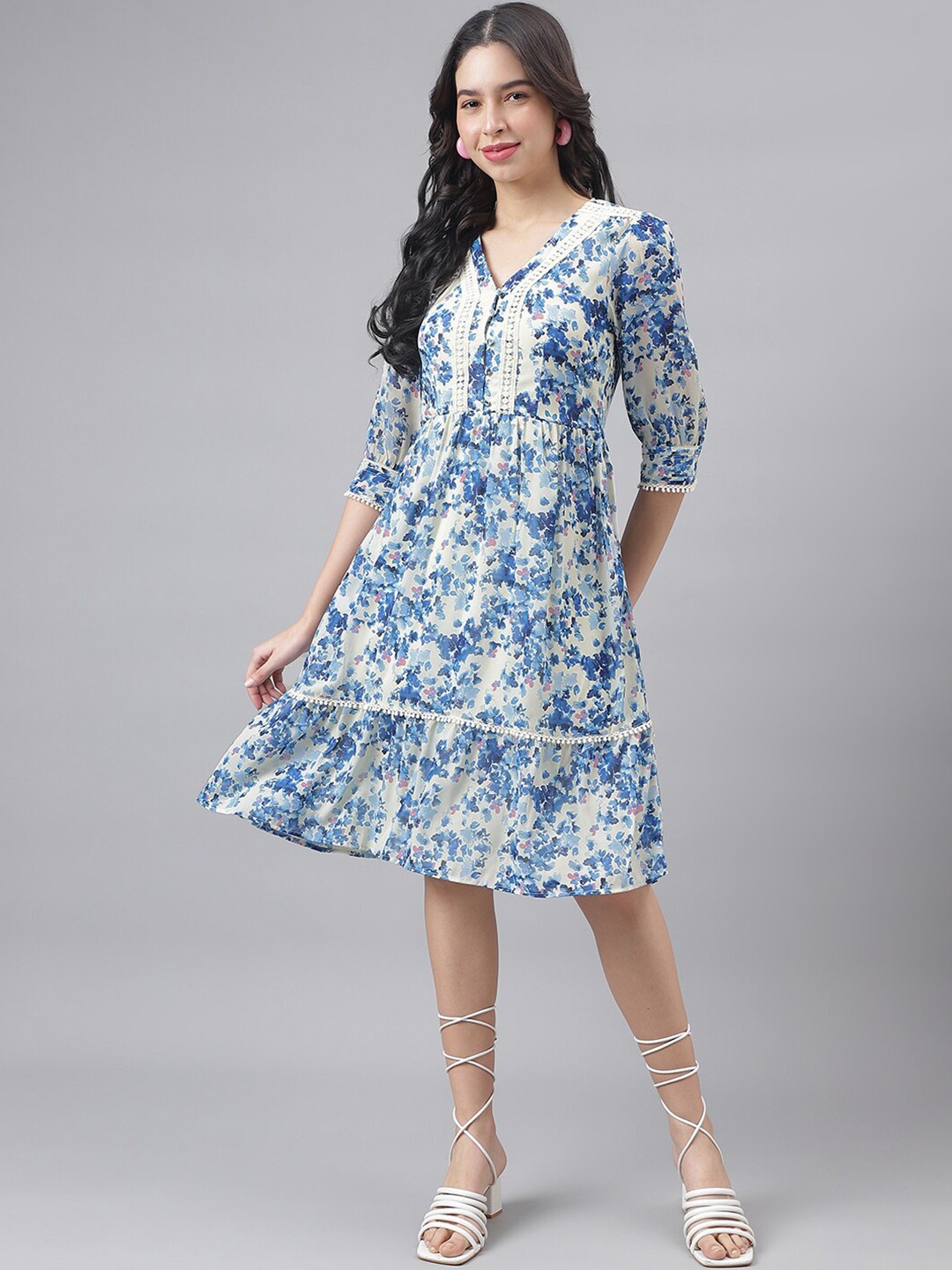 

Latin Quarters Floral Printed Chiffon Cuffed Sleeves Lace A-Line Dress, Blue