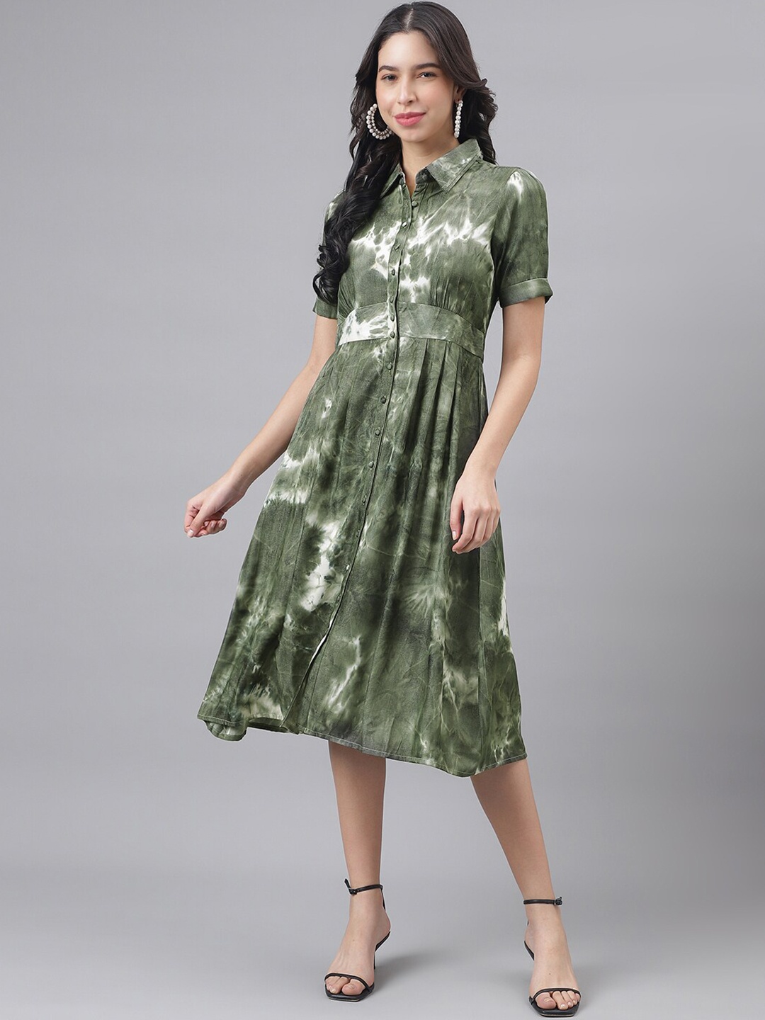 

Latin Quarters Tie & Dye Gathered Shirt Midi Dress, Green