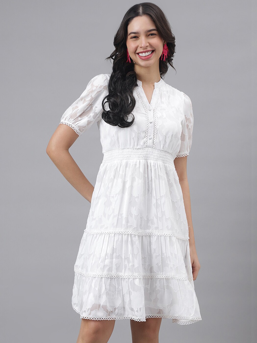 

Latin Quarters Mandarin Collar Puff Sleeves Jacquard Lace Tiered Fit & Flare Dress, White