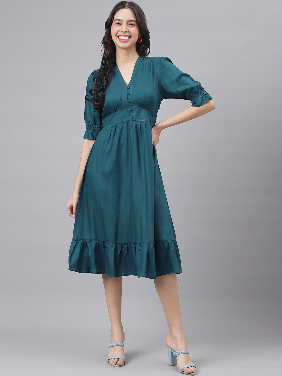 

Latin Quarters V-Neck Puff Sleeves Fit & Flare Midi Dress, Blue