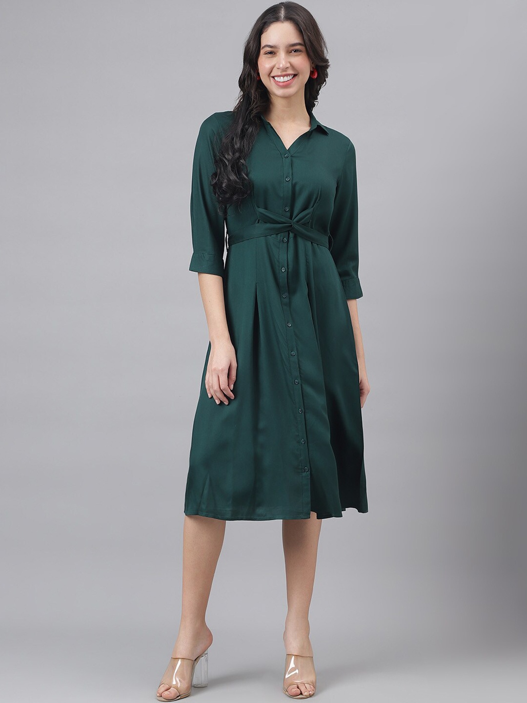 

Latin Quarters Cuffed Sleeves Tie Up Shirt Midi Dress, Green
