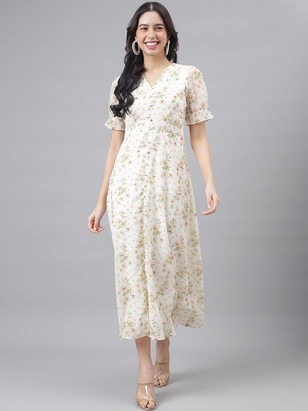 

Latin Quarters Floral Printed Georgette A-Line Midi Dress, White
