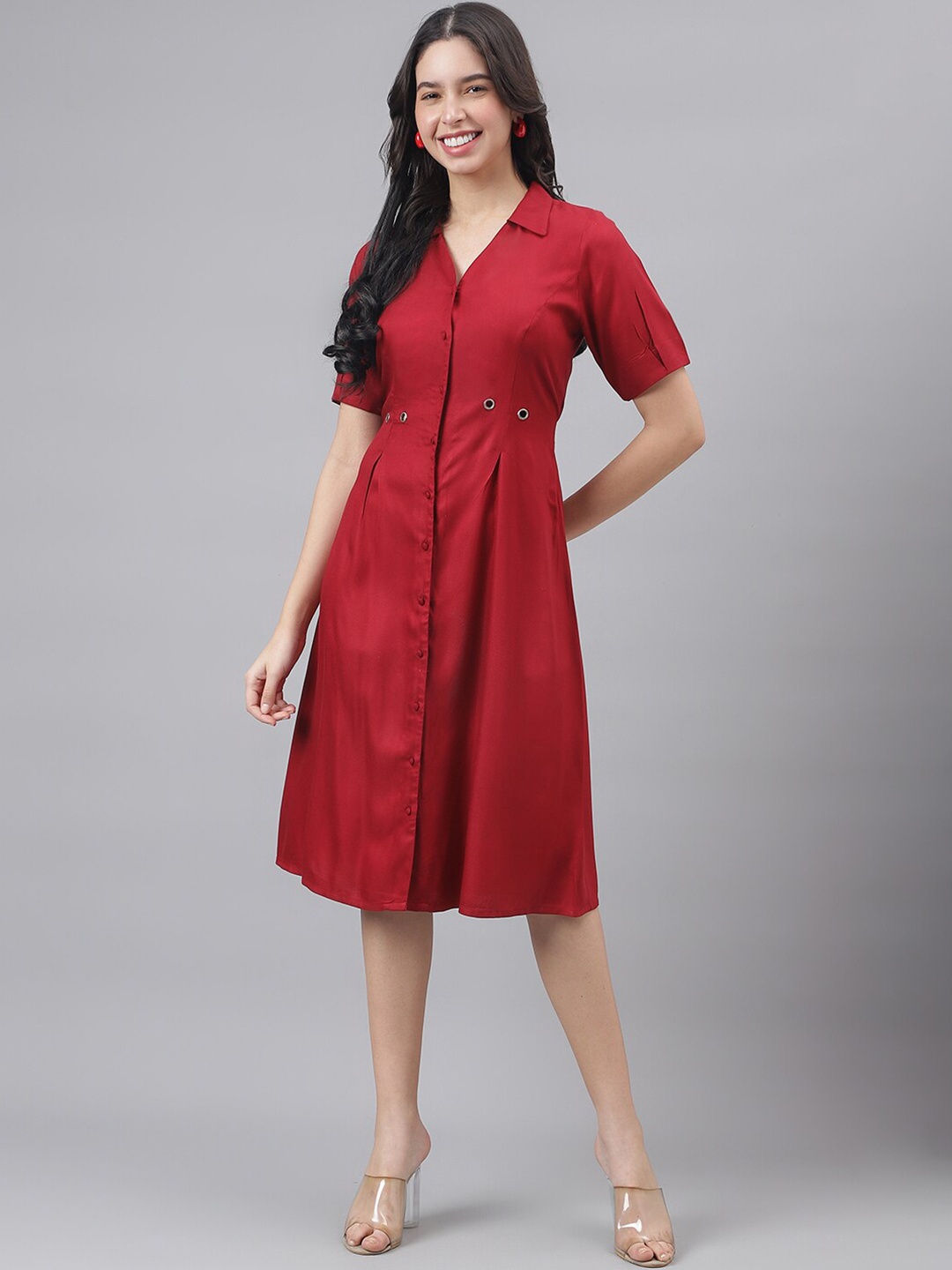 

Latin Quarters Shirt Collar Short Sleeves Shirt Dress, Maroon