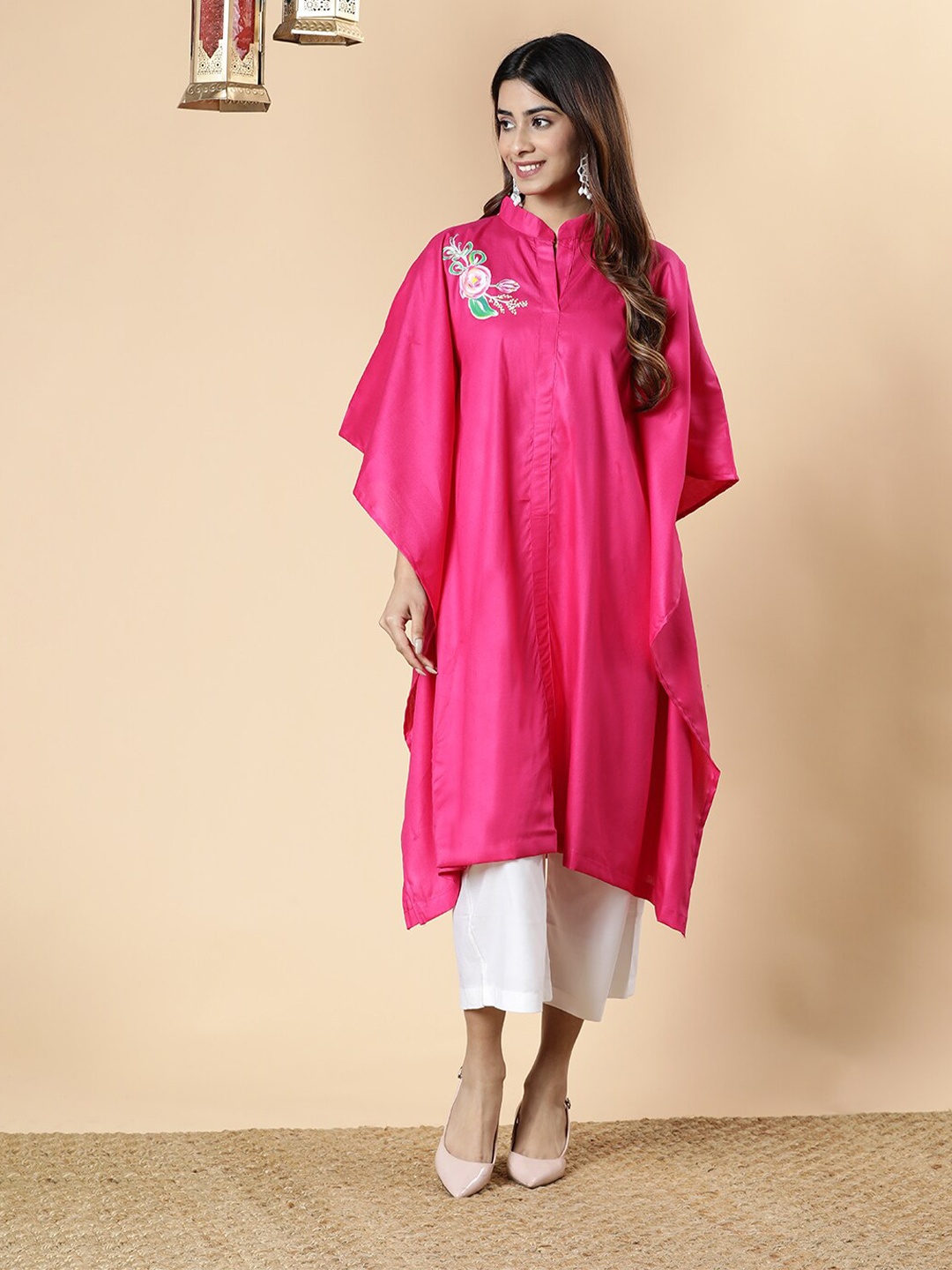 

LetsDressUp Floral Printed Kimono Sleeves High-Low Kaftan Kurtas, Magenta