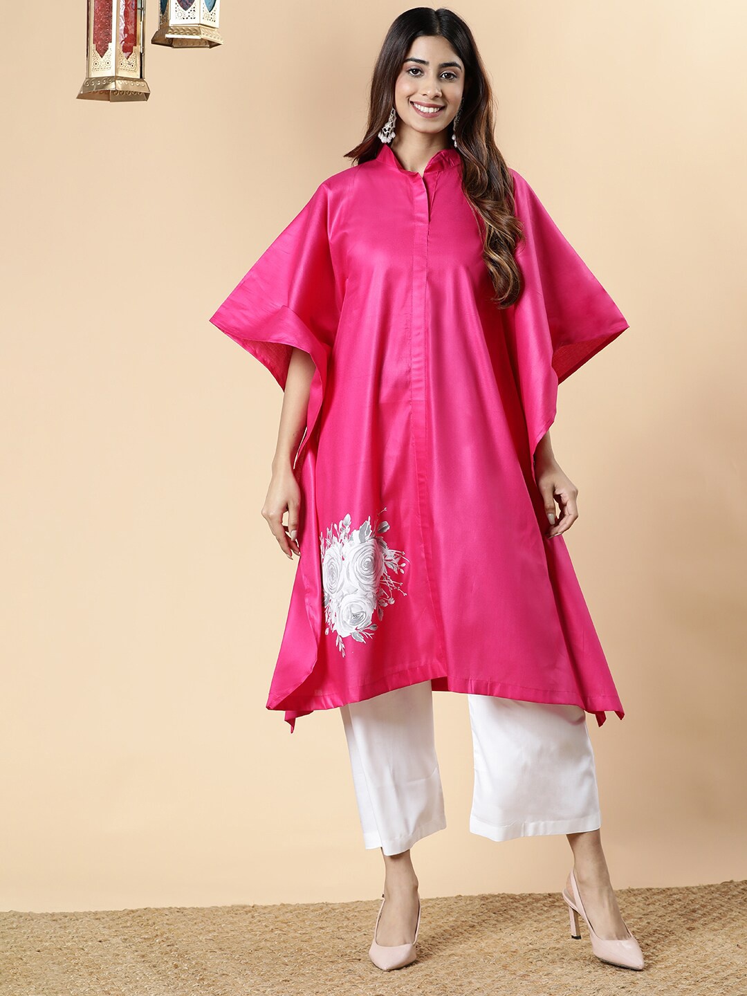 

LetsDressUp Floral Printed Kimono Sleeves High-Low Kaftan Kurtas, Magenta