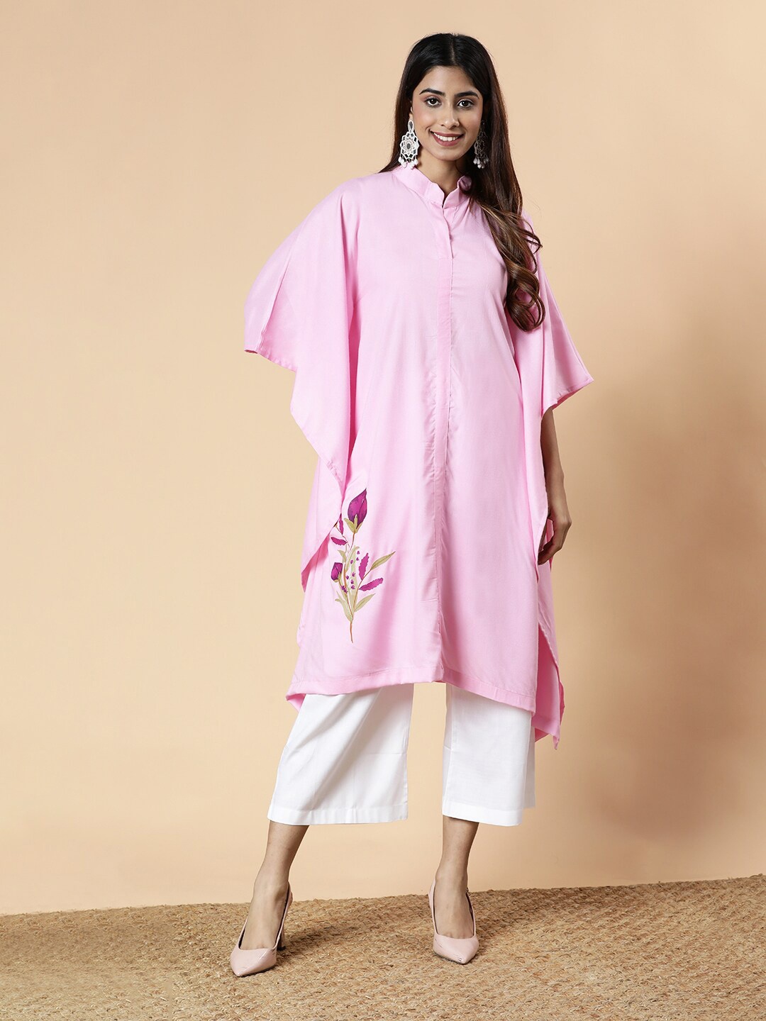 

LetsDressUp Floral Printed Kimono Sleeves High-Low Kaftan Kurtas, Pink