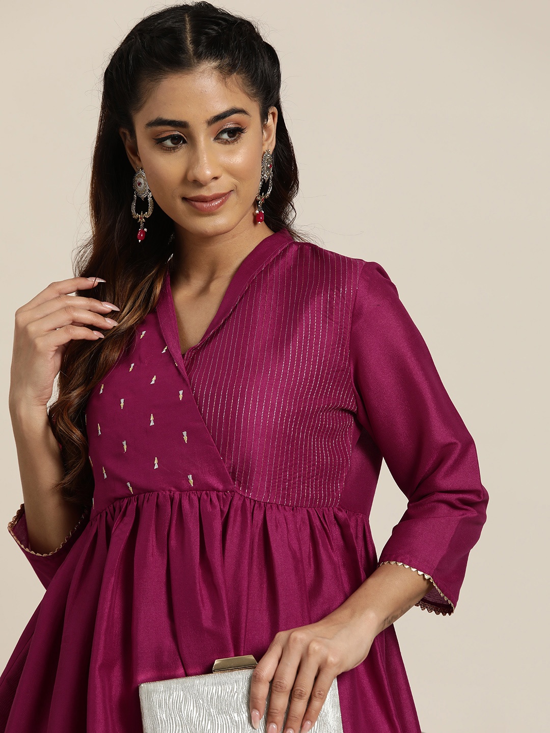 

HERE&NOW Women Embroidered Pleated Kurti with Palazzos, Rose