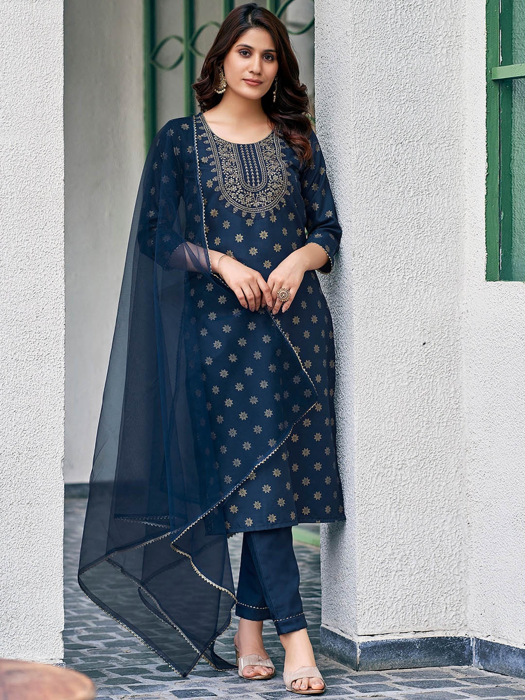 

KALINI Ethnic Motifs Printed Thread Work Straight Kurta With Trousers & Dupatta, Navy blue