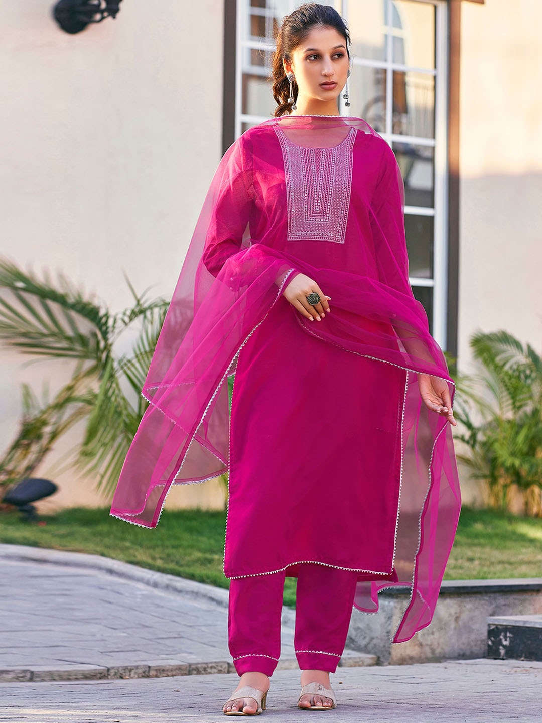 

KALINI Ethnic Motifs Embroidered Regular Kurta With Trousers & Dupatta, Pink
