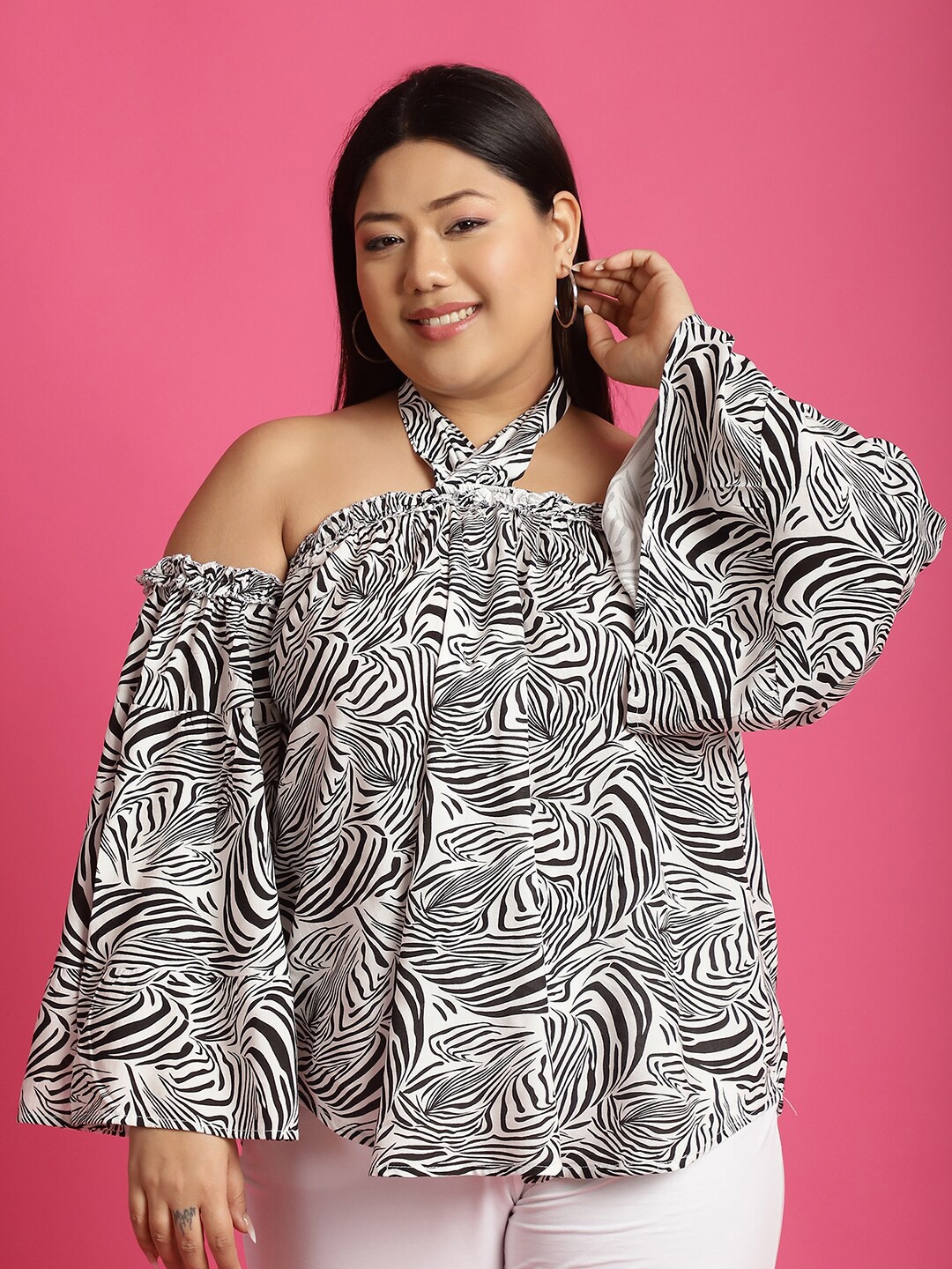 

theRebelinme Plus Size Abstract Printed Halter Neck Flared Sleeve Bardot Top, White