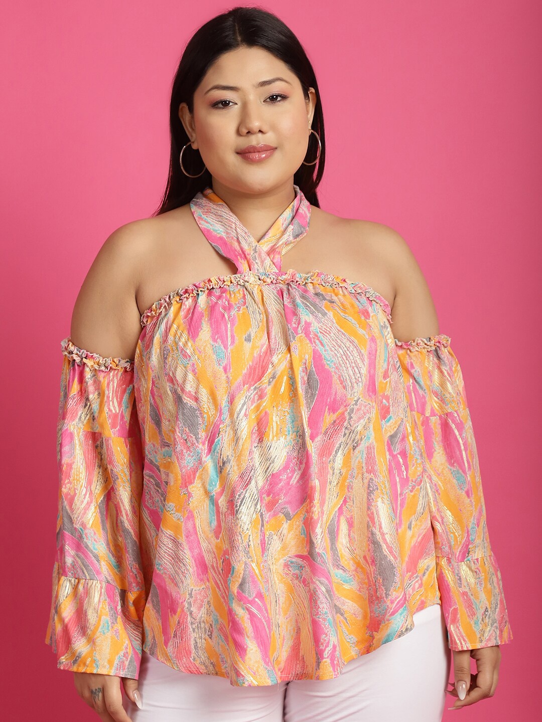

theRebelinme Plus Size Abstract Printed Halter Neck Bell Sleeve Top, Pink