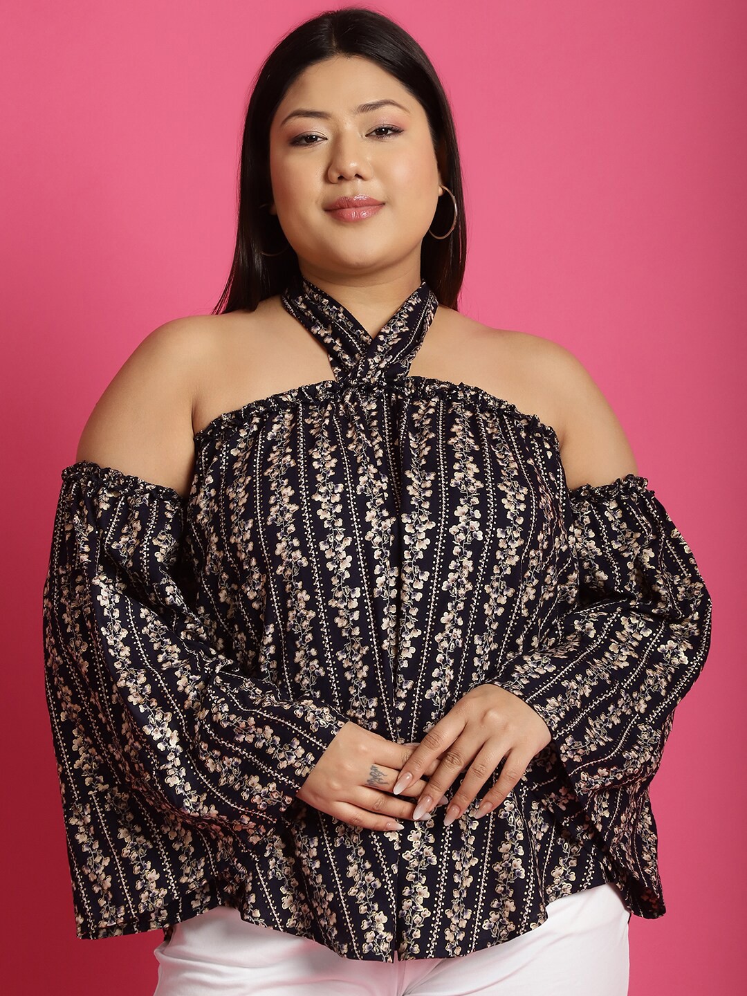 

theRebelinme Plus Size Floral Printed Halter Neck Bell Sleeve Top, Navy blue