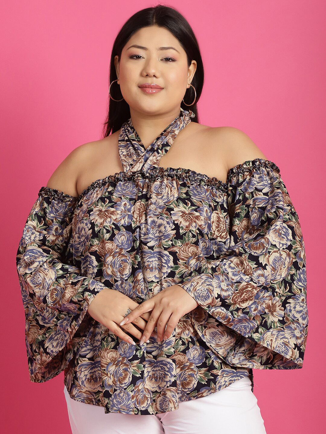 

theRebelinme Plus Size Floral Printed Halter Neck Flared Sleeve Bardot Top, Navy blue