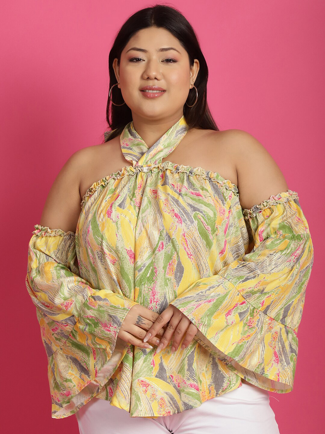

theRebelinme Plus Size Abstract Printed Halter Neck Flared Sleeve Bardot Top, Yellow
