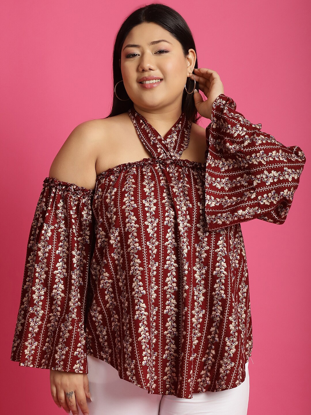 

theRebelinme Plus Size Floral Printed Halter Neck Bell Sleeve Top, Maroon